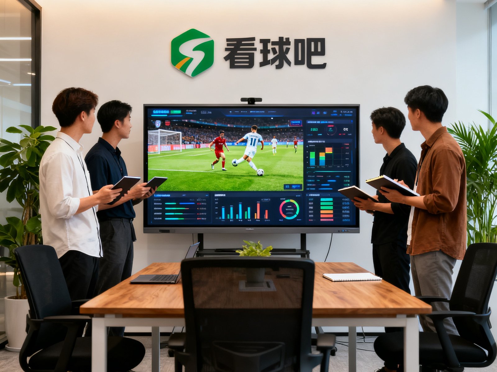 看球吧团队在现代化办公室内围绕大屏幕讨论赛事数据，屏幕显示实时足球比赛画面与数据分析图表